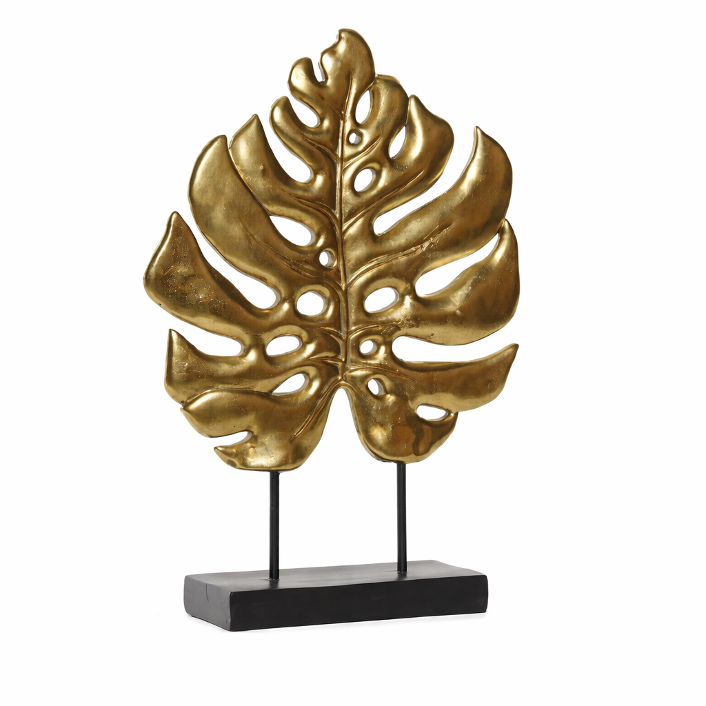 Decoración Hoja Dorada de Resina y Metal 25,5x6x34 cm | Escultura Elegante Moderna