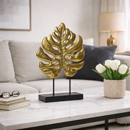 Decoración Hoja Dorada de Resina y Metal 25,5x6x34 cm | Escultura Elegante Moderna