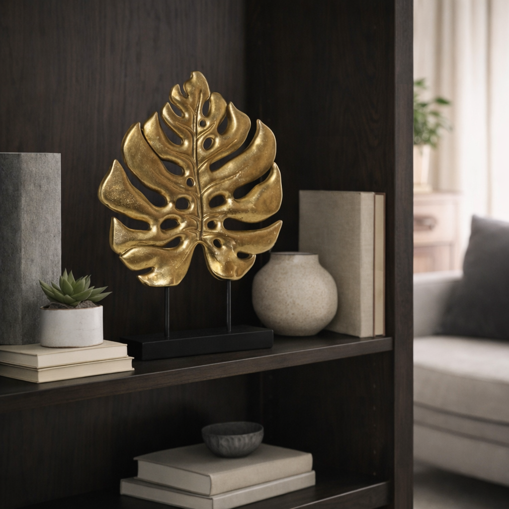 Decoración Hoja Dorada de Resina y Metal 25,5x6x34 cm | Escultura Elegante Moderna