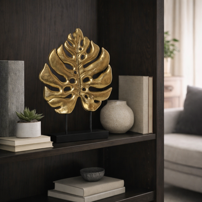 Decoración Hoja Dorada de Resina y Metal 25,5x6x34 cm | Escultura Elegante Moderna
