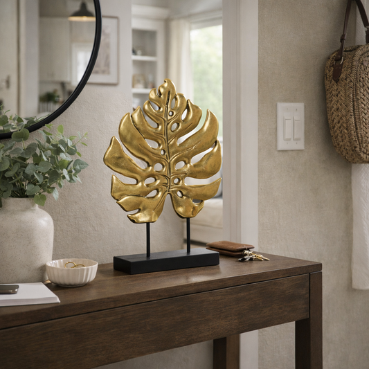 Decoración Hoja Dorada de Resina y Metal 25,5x6x34 cm | Escultura Elegante Moderna