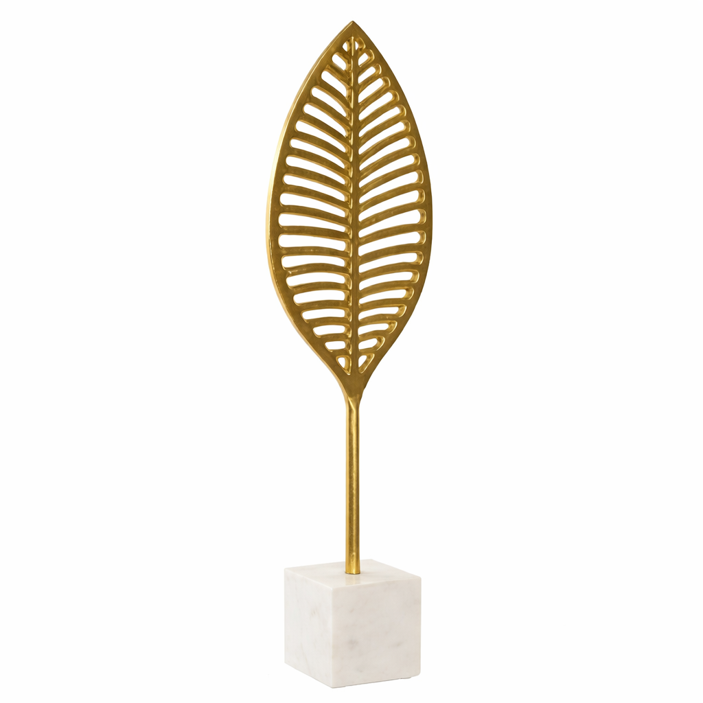 Decoración Hoja Dorada Alta Moderna con Mármol 62 cm