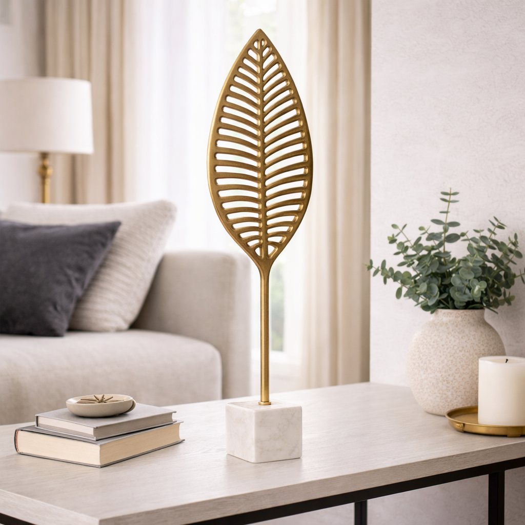 Decoración Hoja Dorada Alta Moderna con Mármol 62 cm