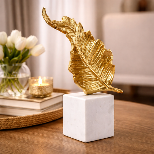 Hoja Decorativa de Aluminio Dorado con Mármol 22 cm