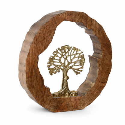Figura Decorativa Árbol Dorado con Base de Madera 28 cm