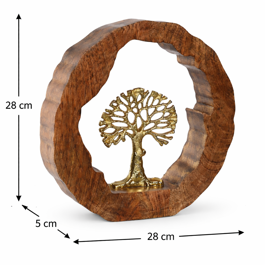 Figura Decorativa Árbol Dorado con Base de Madera 28 cm