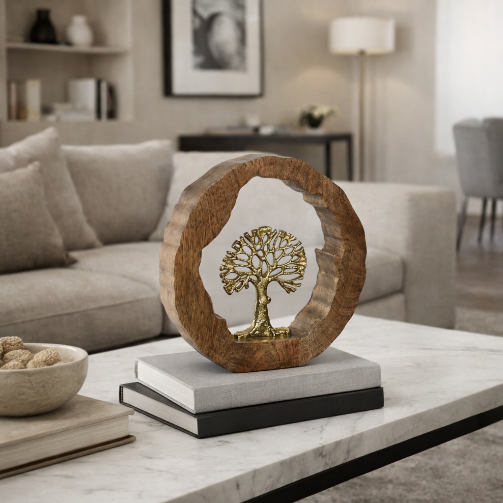 Figura Decorativa Árbol Dorado con Base de Madera 28 cm
