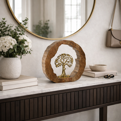 Figura Decorativa Árbol Dorado con Base de Madera 28 cm