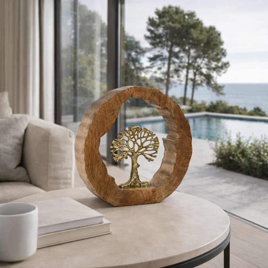 Figura Decorativa Árbol Dorado con Base de Madera 28 cm