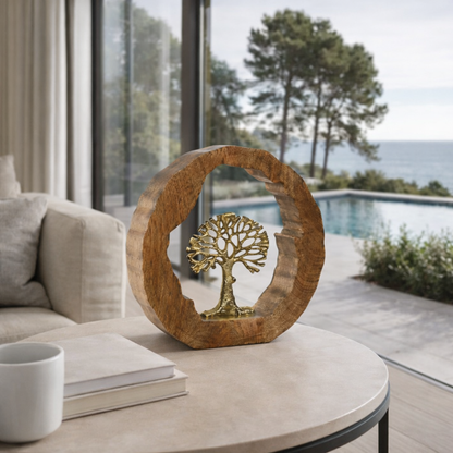 Figura Decorativa Árbol Dorado con Base de Madera 28 cm