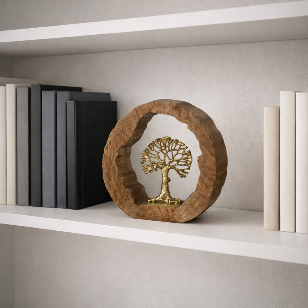 Figura Decorativa Árbol Dorado con Base de Madera 28 cm