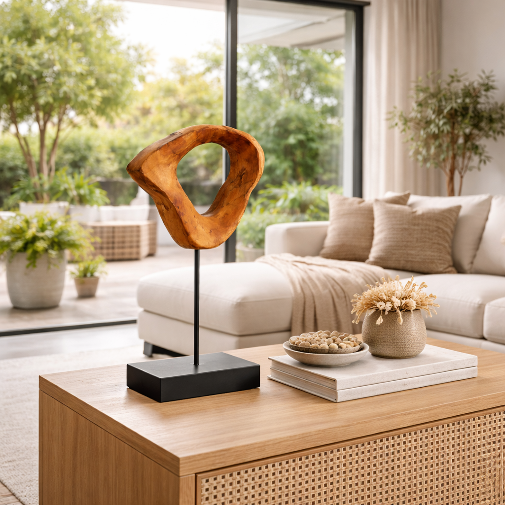 Figura Decorativa de Madera Natural y Hierro Negro 44 cm