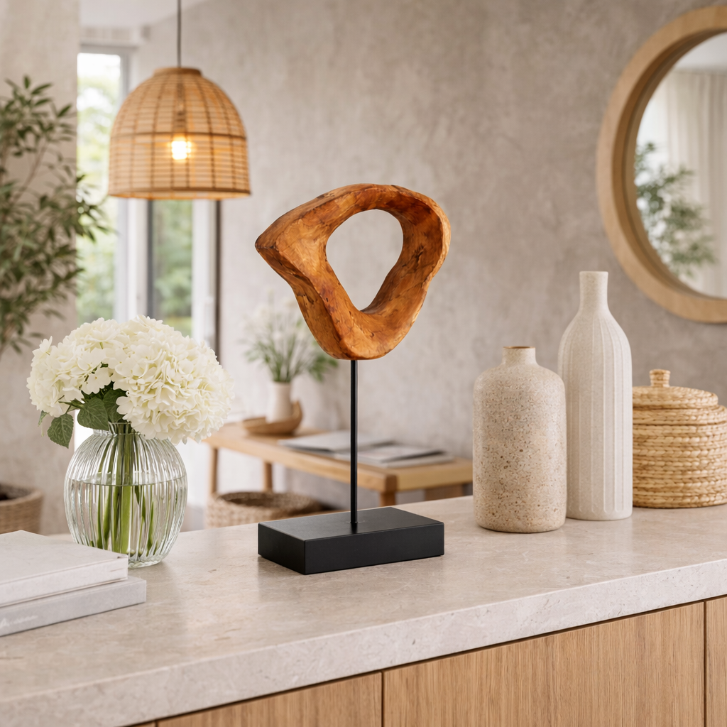 Figura Decorativa de Madera Natural y Hierro Negro 44 cm