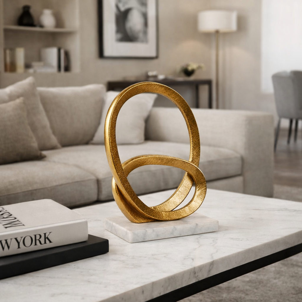 Escultura Decorativa de Aluminio Dorado con Mármol 25 cm